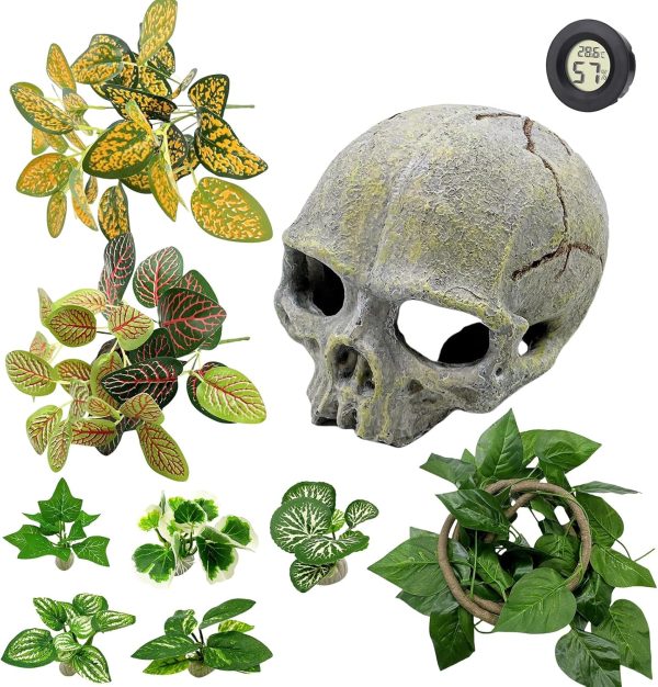 Tfwadmx 11Pcs Bearded Dragon Tank Accessories Reptiles Skull Hide Decorations Terrarium Ornament Gecko Hideouts Cave Snake Habitat Decor Plants Bendable Vines Leaves for Lizards,Chameleon