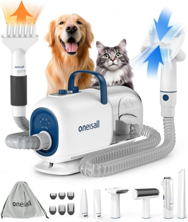 oneisall Dog Grooming Vacuum Blow Dryer and Clippers,Dog Grooming Kit for Shedding Drying Trimming Pet's Hair, 8 Pet Grooming Tools for Thick Short Long Pet Hair,7 Levels of Blow Temperature