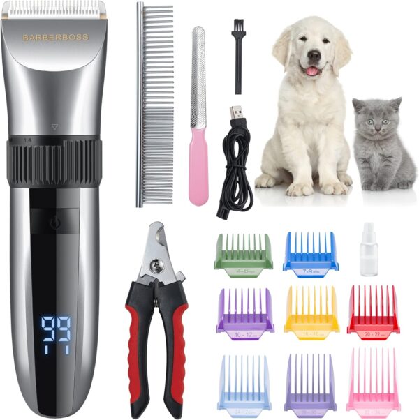 BarberBoss Cordless Dog Grooming Clipper - Waterproof, Ceramic Blades, LED Display, Fast Charging, Electric Pet Clippers for Dogs Cats Pets Hair Trimmer QR-9082