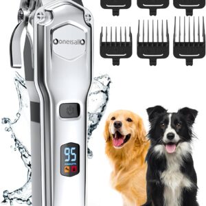 oneisall Dog Clippers for Grooming for Thick Heavy Coats/Low Noise Rechargeable Cordless Pet Shaver with Stainless Steel Blade/Waterproof Dog Shaver for Dogs Pets and Animals