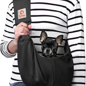 Tomkas Dog Carrier Sling - Pet Carrier for Small Dogs and Cats, Adjustable Strap, Zip Pocket, Snap Closure for pets (Black, S - Adjustable Strap Eu)