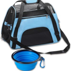 DONYER POWER Soft Sided Pet Carrier for Dogs & Cats Comfort Under Seat Travel Tote Bag, Travel Bag for Small Animals with Mesh Top and Sides, with a Small Collapsible Bowl BLUE