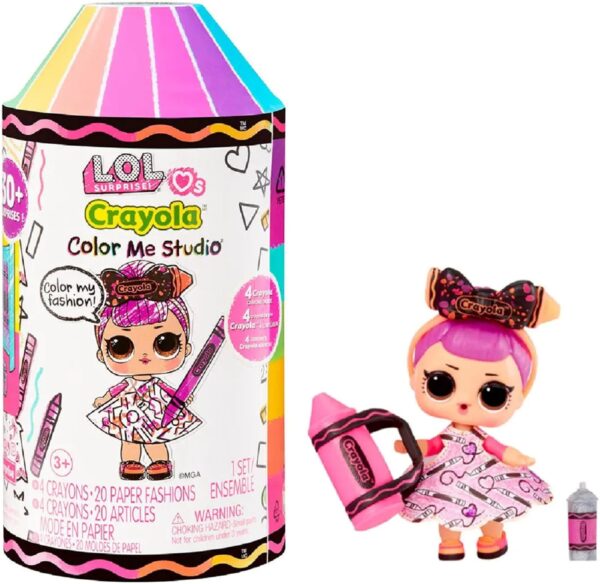 L.O.L. Surprise Loves CRAYOLA - Colour Me Studio with Collectible Tot - Over 30 Surprises including Doll, Paper Dresses and 4 Crayons -Art Studio Playset in Crayon Capsule Packaging -For Kids Ages 3+