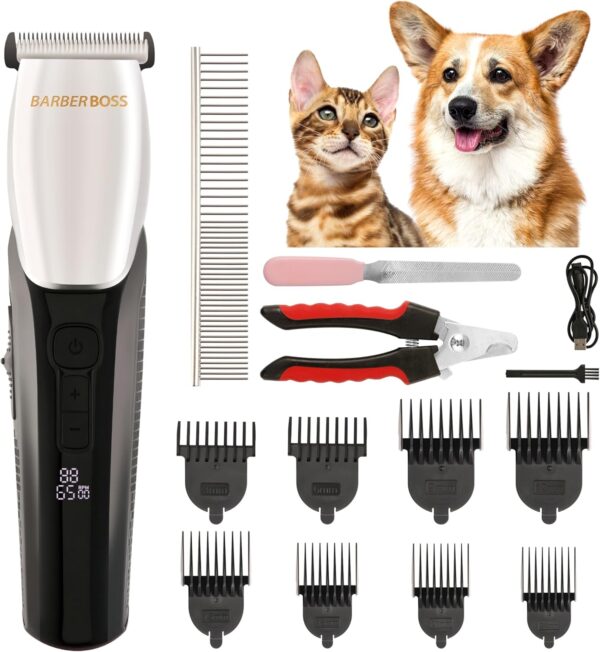 BarberBoss Cordless Dog Clippers, Dog Grooming Kit for Thick Heavy Coats, Waterproof Low Noise Rechargeable Cordless Clipper for Dogs & Cats, QR-9083