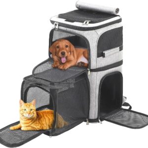 Expandable Cat Backpack Carrier for 2 Cats, Dog Backpack for 2 Small Pets Dogs, Expandable Cat Carrier for Large Cats Multiple Pets, 7 Windows, Built-in Frame Support Plate and Safety Straps, Foldable