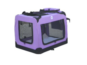 A purple HugglePets fabric crate from an angle.