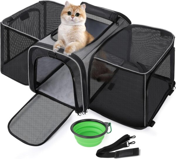 Pecute Cat Carrier Expandable, Extra Large Pet Carrier Bag, Foldable Cat Carrier bag with Breathable Mesh, Pet Carrier Transport Bag for Dogs and Cats, with Shoulder Strap and Pet Bowl