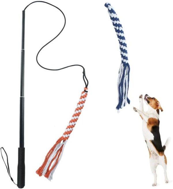 ASOCEA Flirt Pole for Dogs，Extendable Teaser Wand Pet Flirt Stick Outdoor Interactive Toy with 2 Chasing Tail Chewing Cotton Rope for Small Medium Large Dogs Training Pulling