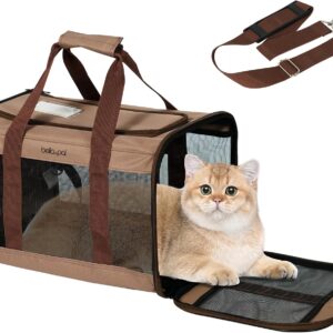 BELLA & PAL Portable Cat/Puppy Carrier Bag, Foldable Pet Travel Carriers with Scratch-Free Mesh, Escape-Proof Zipper, Travel Carrier for Dogs and Cats, with Shoulder Strap, Airline Approved, Brown, M