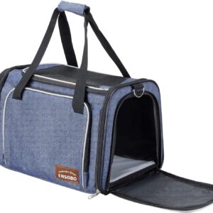 Cat Carrier Bag in Denim Fabric, ENSOBO Pet Transport Bag for Cats and Small Dogs, TSA Approved Pet Travel Carrier with Two Bigger Side Bags, Shoulder Strap for Carrying, Denim Blue