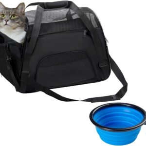 DONYER POWER Soft Sided Pet Carrier for Dogs & Cats Comfort Under Seat Travel Tote Bag, Travel Bag for Small Animals with Mesh Top and Sides,with a Small Collapsible Bowl BLACK