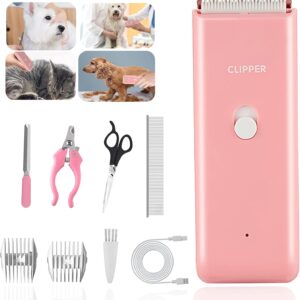 Dog Grooming Kit Electric Pet Paw Trimmer Low Noise Cordless Dog Clippers for Dog Cat Home Hair Grooming,Waterproof Pet Grooming Tools with 9-Pieces (Pink)