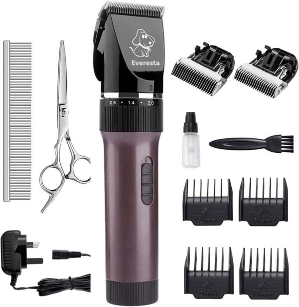 Everesta Dog clippers Low Noise Rechargeable Cordless Pet Dogs and Cats Electric Grooming Clippers Kit with Shears and Comb (Coffee)