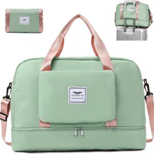 FIORETTO Foldable Weekend Bag Overnight Hospital Bag with Shoes Compartment & Wet Pocket, Water Resistant Gym Duffle Bag for Travel Holdall for Women Men Green&Pink