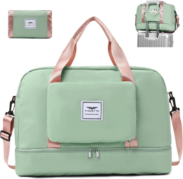 FIORETTO Foldable Weekend Bag Overnight Hospital Bag with Shoes Compartment & Wet Pocket, Water Resistant Gym Duffle Bag for Travel Holdall for Women Men Green&Pink