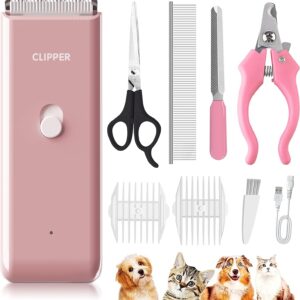 Favrison Dog Grooming Kit Pet Cat Hair Clippers,Waterproof Dog Hair Trimmer with Nail Clipper, Professional Cat Grooming Tools for Thick Coat Clippers, Cordless Dog Clippers Low Noise (Pink)