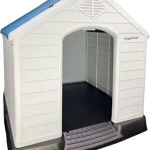 HugglePets Raised Plastic Dog Kennel XL Easy Clean Outdoor Pet House Weatherproof Durable Shelter (Blue Roof)