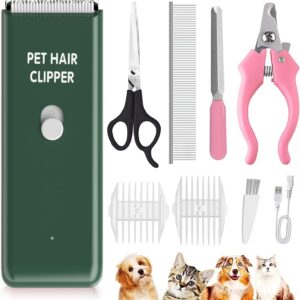 Professional Cat Grooming Kit-Dog Clipper Set for Pet Hairs, Waterproof Pet Clippers Grooming Kit Rechargeable Pet Hair Clippers Shavers Set for Puppy, Rabbits, Cats,Green