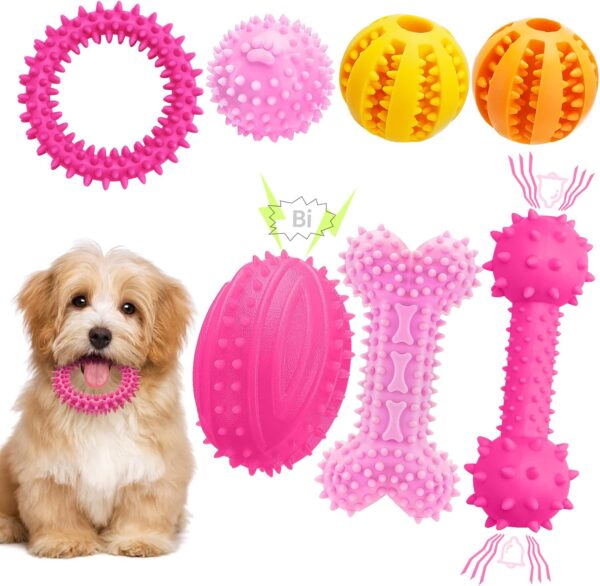 Puppy Dog Teething Toys, 7pcs Puppy Chew Toy Set with Ball, Indestructible Interactive Squeaky Dog Toys Dog Chew Toys Dog Teeth Cleaning Treat Dispensing Toys for 8 Weeks Small Puppies and Medium Dogs