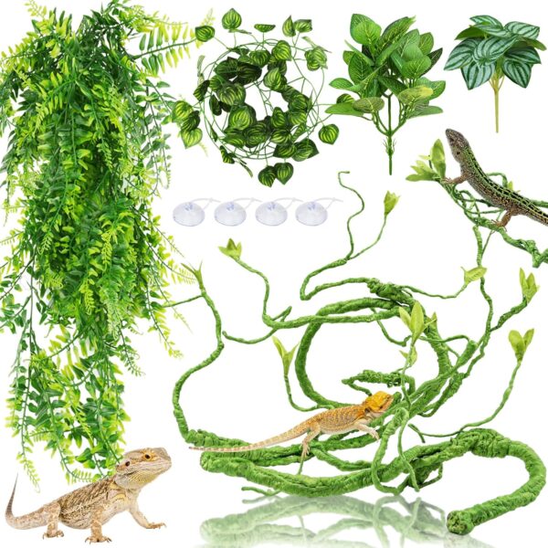 QUOZUO Bearded Dragon Tank Accessories for Habitat, Terrarium Hanging Plants Vines Artificial Leaves Reptile Hide, Leopard Gecko Tank Accessories Snake Hide Terrarium Decor for Geckos Chameleon