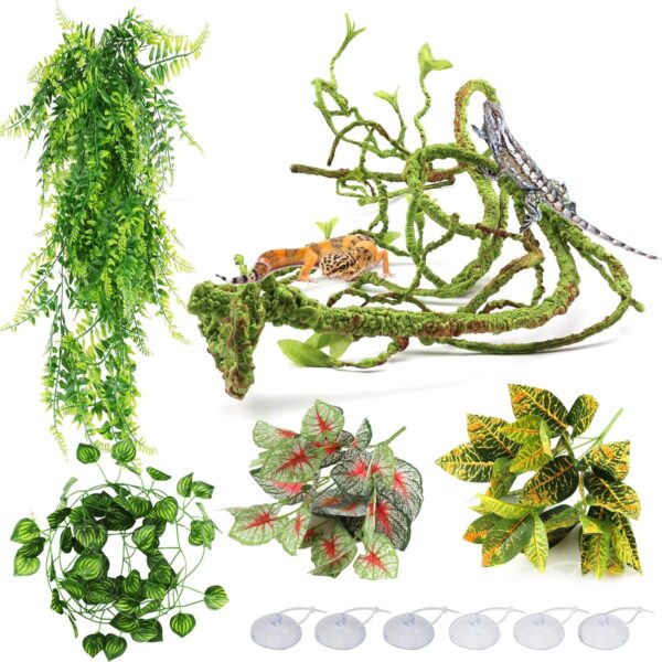 QUOZUO Reptile Plants, Terrarium Hanging Plant Vines Artificial Leaves Reptile Hide, Leopard Gecko Tank Accessories, Terrarium Decorations for Bearded Dragon Lizard Snake Chameleon