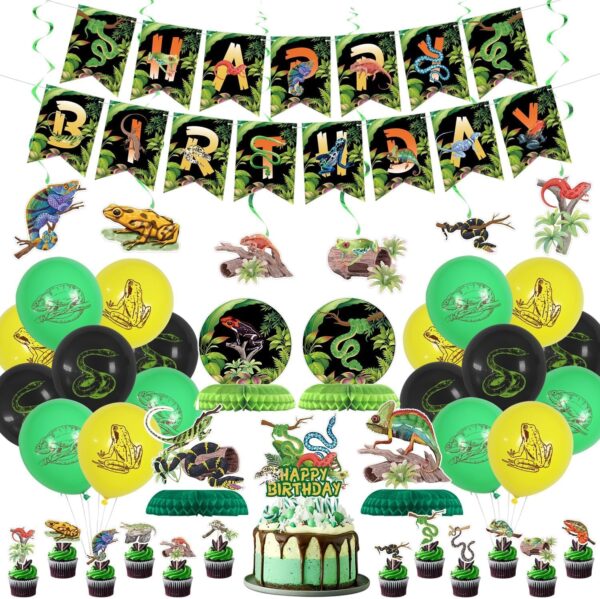 Reptile Party Decorations - Including Reptile Theme Balloons, Happy Birthday Banner, Cake Topper, Hanging Swirl, and Honeycomb Centerpieces for Safari Lizard Swamp Reptile Birthday Party Supplies