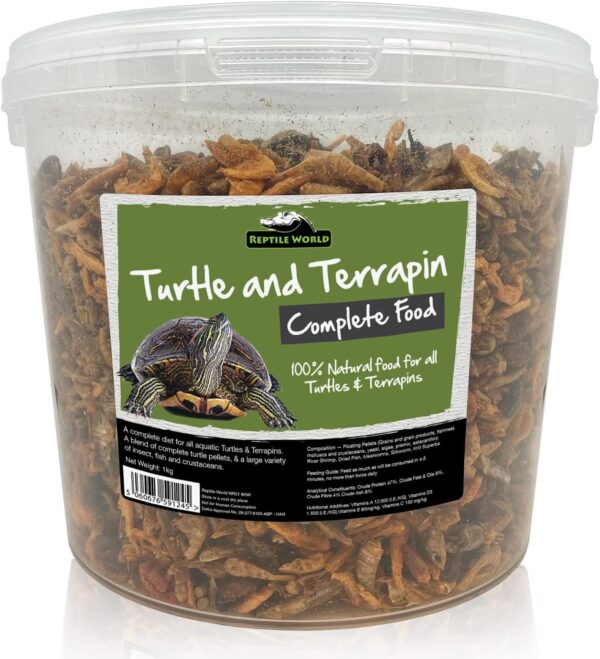 Reptile World Turtle and Terrapin Complete Food 5ltr Bucket (1kg), Floating Blend with Pellets, Insects & Fish