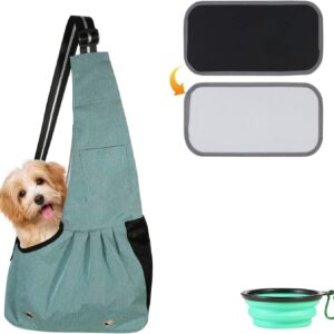 SLSON Pet Sling Carrier Hands-free Sling Pet Dog Cat Carrier Bag with Adjustable Shoulder for Cat and Small Dog Outdoor and Travelling, comes with Collapsible Dog Bowl, Small Size, Green