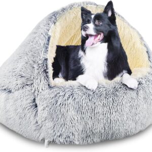 SUOXU Hooded with Supports Dog Bed,Deluxe Plush Dog Cave Bed for Medium Small Dogs, Warming Cozy Soft Faux Fur Donut Calming Anti-Anxiety Pet Bed,Removable Washable Cover and Anti Slip (Grey, 80cm)