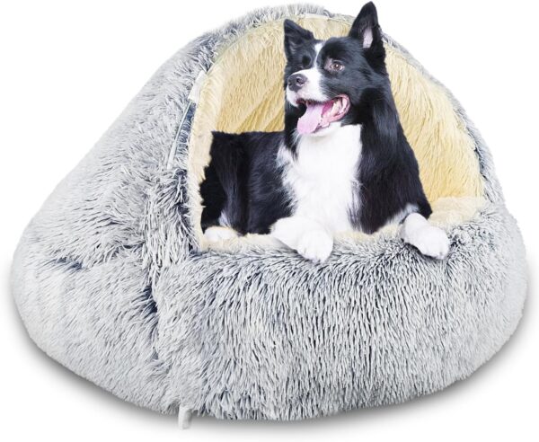 SUOXU Hooded with Supports Dog Bed,Deluxe Plush Dog Cave Bed for Medium Small Dogs, Warming Cozy Soft Faux Fur Donut Calming Anti-Anxiety Pet Bed,Removable Washable Cover and Anti Slip (Grey, 80cm)