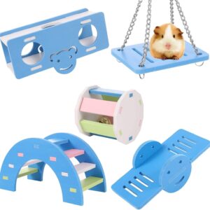 Smilcloud 5 Pcs Lovely Hamster Play Toys, Rainbow Bridge & Seesaw & Swing, Climb and Play Toy, Hamster Chew Toys DIY Hamster Cage Accessories for Small Pets(Blue)