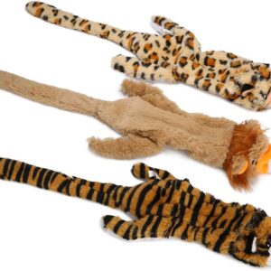 Stuffing Free Dog Toys, No Stuffing Dog Chew Toys Set with Lion Tiger and Leopard Squeaky Plush Dog Toys for Small Medium Large Dogs - 3 Packs