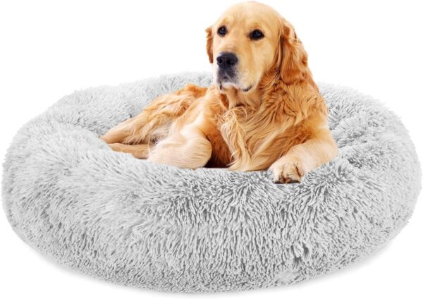 TOHDNC Cat Dog Calming Bed, Round Soft Fluffy Plush Pet Bed with Non-Slip Bottom Kitten Dog Nest Washable (Light Grey 60cm)