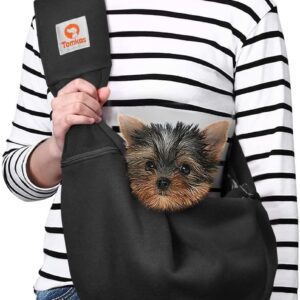 Tomkas Dog Carrier Sling - Pet Carrier for Small Dogs and Cats, Adjustable Strap, Zip Pocket, Snap Closure (Black, M - Adjustable Strap Eu)