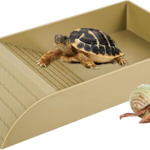 Tortoise Water Dish, Tortoise Bath Dish, 36x20x6cm Anti Slip Reptile Pool Bowl with Ramp,Reptile Feeding Box Dish, Plastic Turtle Water Bowl, Tortoise Habitat Accessories for Basking Feeding (Wood)