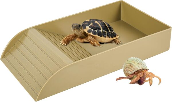 Tortoise Water Dish, Tortoise Bath Dish, 36x20x6cm Anti Slip Reptile Pool Bowl with Ramp,Reptile Feeding Box Dish, Plastic Turtle Water Bowl, Tortoise Habitat Accessories for Basking Feeding (Wood)