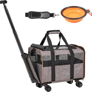 VEVOR Cat Carrier with Wheels, Airline Approved Rolling Pet Carrier with Telescopic Handle and Shoulder Strap, Dog Carrier with Wheels for Pets under 22 lbs, with 1 Folding Bowl, Grey