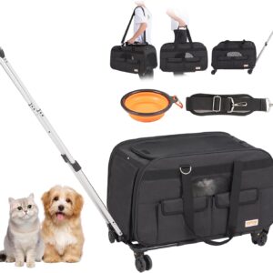 VEVOR Cat Carrier with Wheels, Rolling Pet Carrier with Telescopic Handle and Shoulder Strap, Dog Carrier with Wheels for Pets under 35 lbs, with 1 Folding Bowl, Black