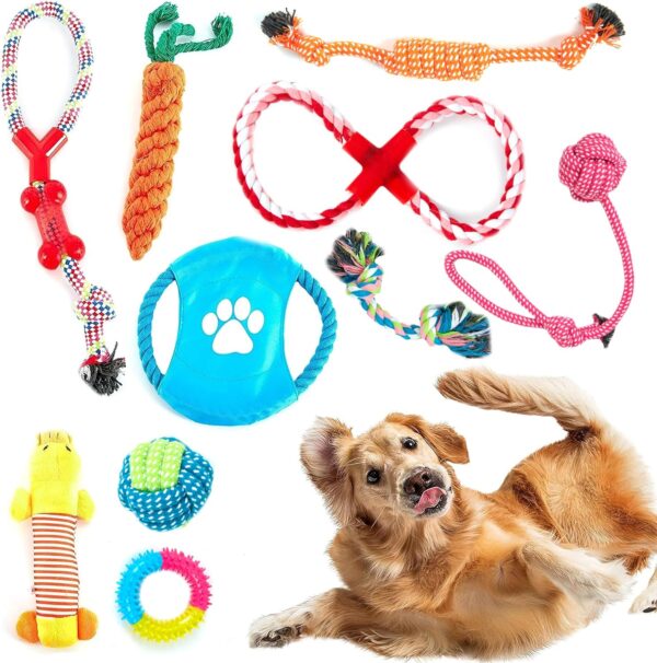 ZENO Chew Dog Toys - Pack of 10 | Teething & Training Washable Cotton Safe Dog Toy Gift Set | Strong Ropes, Balls & Tug for Exercise & Fun | Great for Small, Medium & Large Puppies & Dogs