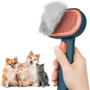 aumuca Cat Brush, Self Cleaning Cat Grooming Brush with Front Release Button, Cat Brushes for Grooming to Remove Loose Fur, Tangles & Dirt, Great for Long and Short Haired Cats (White)