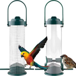 2 Pieces Bird Feeders Metal Wild Bird Feeding Hanging Bird Feeder for Small Birds 2 Ports Bird Feeders with Stand Mixed Seed Feeder with Hanger Peanut Feeder Weatherproof for Garden Outdoor Yard