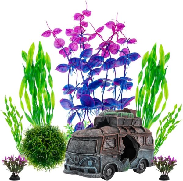 BEGONDIS Camper Van Tourer with 8 Pcs Plastic Plant Set Artificial Polyresin Aquarium Ornament Aquatic Model Decoration Fish Tank Marine Decor Ornaments (Car)