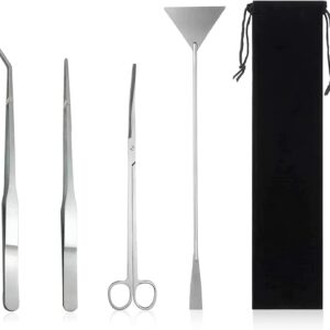 Omevett 4 in 1 Terrarium Tools Set Stainless Steel Aquarium Starter Kit Aquascaping Tools with Long Tweezers Scissors Spatula Anti-Rust Fish Tank Starter Kits for Aquarium Plants