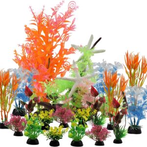 QUOZUO 21 pcs Fish Tank Decorations Plants with Artificial Tree Trunk view and starfish, Aquarium Plants Colorful Artificial Resin Reef Resin Fish Tank Ornament