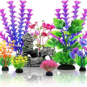 QUOZUO Fish Tank Accessories Artificial Plants, 9pcs Green Aquarium Decorations Plants and Cave Rock Decor Set, Aquarium Decor Plastic Plants