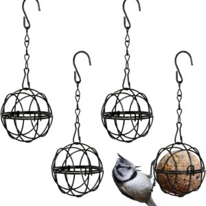 SUNYOK 4 Pcs Fat Ball Feeders Hanging Bird Feeder Metal Fat Ball Bird Holder with 4 S-shaped hooks for Outdoor Garden Wildlife Birds Finch Sparrow Robin