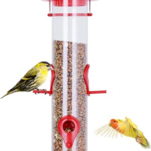 Urban Deco Bird Feeders Hanging Plastic Tube Bird Seed Feeder With 6 Ports Niger Seed Bird Feeder With Steel Hanger Weatherproof Fat Ball Bird Feeder Bird Feeder For Small Birds - Red - 1 Pack