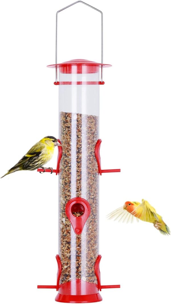 Urban Deco Bird Feeders Hanging Plastic Tube Bird Seed Feeder With 6 Ports Niger Seed Bird Feeder With Steel Hanger Weatherproof Fat Ball Bird Feeder Bird Feeder For Small Birds - Red - 1 Pack