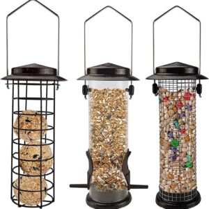 Urban Deco Metal Bird Feeders Hanging Station Fat Ball Bird Feeder Mesh Squirrel Feeder With Steel Hook Bird Seed Feeder - Weather Proof See Through Bird Feeder For Small Birds - Coffee - Pack Of 3