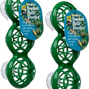 Fat Ball Bird Feeder - Jacobi Jayne® Basketball™ Window Feeder. Small Easy Clean Suet Ball Holder Cage For Wild Birds Only. Pack Of Two Feeders For Suet Balls. Green Suet Bird Feeder.